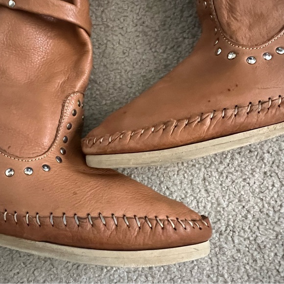 Vintage ‘Hector Riccione’ Pull Up Caramel Tan Calfskin Moccasin Boots Stud Tie - Picture 5 of 16